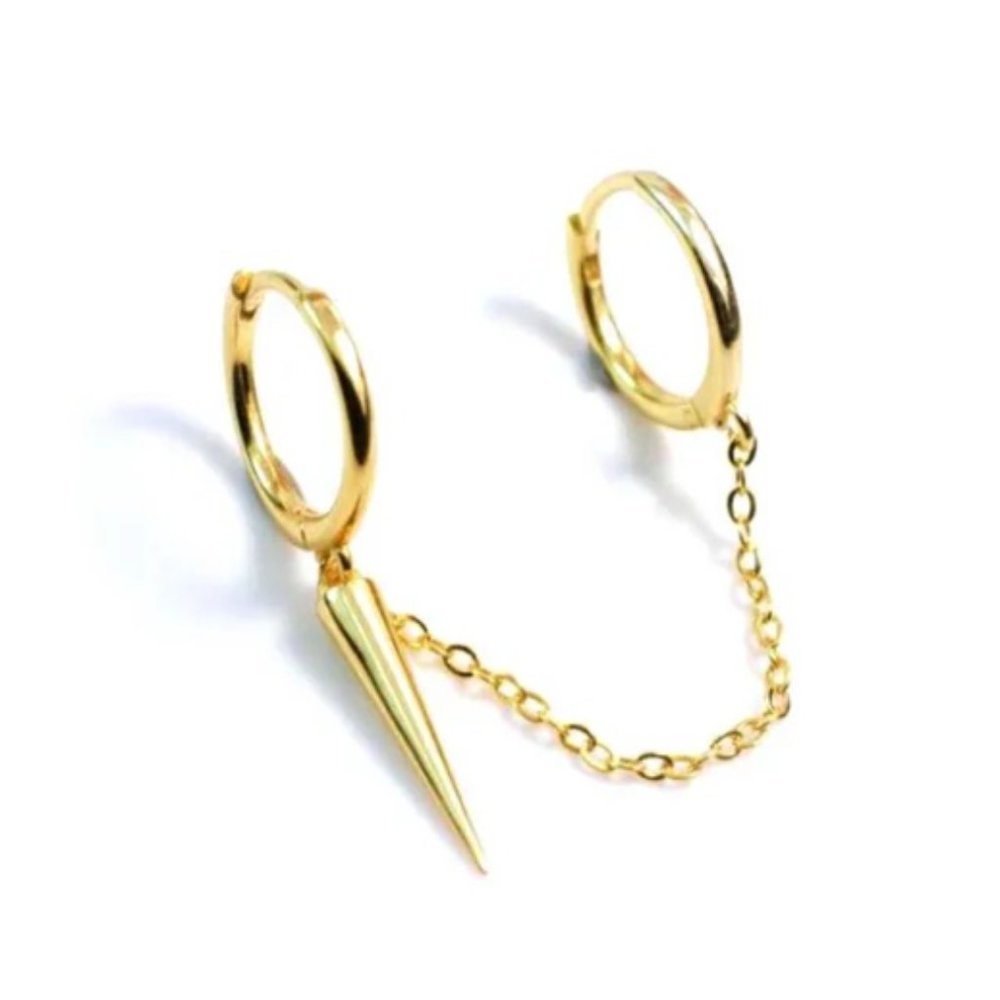 Double Lobe Piercing Linked Cone Gold Earrings